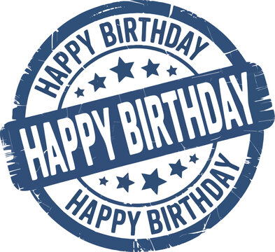 Blue Happy Birthday Grunge Stamp Vector Illustration - Vintage Style Round Seal with Stars
