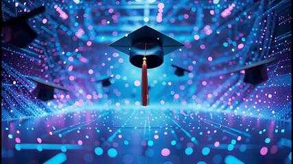 Poster - A graduation cap floating in a futuristic neon-lit corridor, symbolizing digital learning, achievement, and modern education