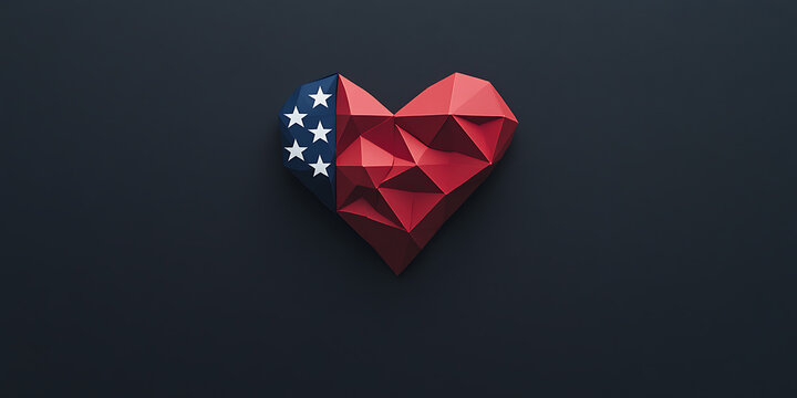 Geometric heart with a flag design. A symbol of love and patriotism rendered in a modern, polygonal style. Flat lay against a solid dark background.