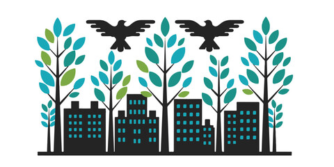 Aufkleber - Stylized cityscape with trees and birds featuring a nature meets urban environment design concept