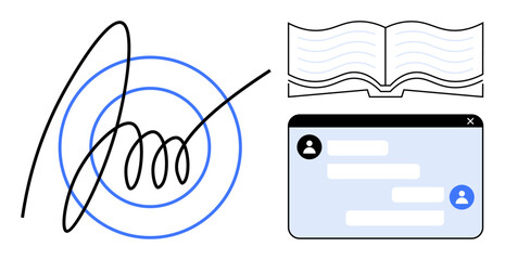 Poster - Spiral signature, open book, and chat window with user avatars. Ideal for communication, workflow, education, digital contracts, creativity learning and professional tools. Perfect for a simple