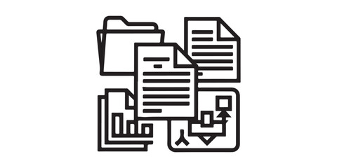 Poster - A black and white line art icon depicting a folder and various documents with charts and diagrams
