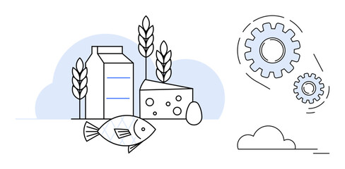 Aufkleber - Milk carton, cheese, egg, fish, wheat, plants beside abstract gears illustrating innovation. Ideal for sustainability, agriculture, healthy food nutrition farming technology simple flat metaphor