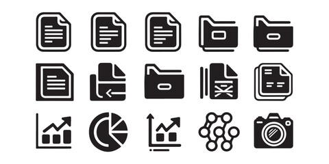 Poster - A set of various black icons including documents folders charts and a camera on a white background