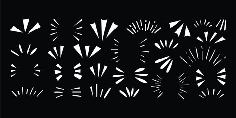 Aufkleber - A collection of white burst shapes and lines on a black background in a graphic design style