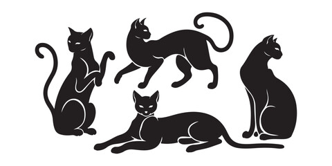 Aufkleber - A set of five black cat silhouettes in various poses on a white background vector illustration