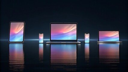 Fototapete - Sleek electronic devices displaying colorful abstract screens on a reflective surface technology