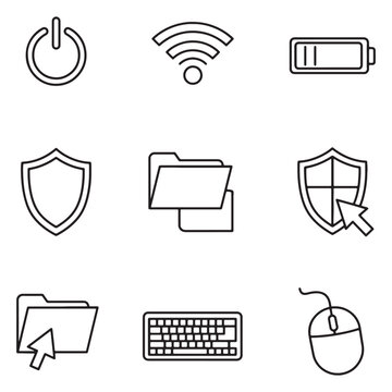 Simple black and white outlined icons representing technology and computer concepts