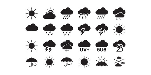 Poster - A collection of weather icons showing sun clouds rain lightning and umbrellas in black and white