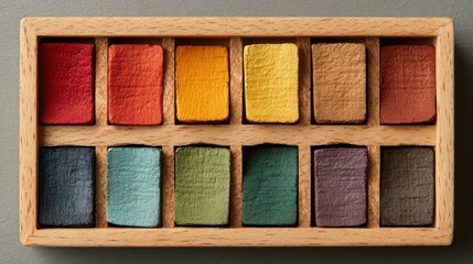 Poster - Wooden box filled with assorted colored paints symbolizing creativity and artistic expression in a dynamic workspace