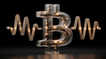 Poster - Shiny golden bitcoin symbol on a dark background representing modern cryptocurrency and digital finance trends