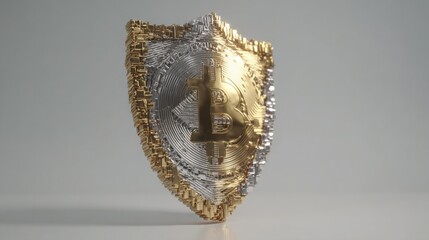 Poster - Striking gold and silver mask design representing bitcoin quantum risk shield for enhanced digital protection concept