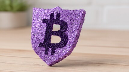 Poster - Dazzling purple glitter bitcoin representing quantum risk shield for innovative protection in digital finance