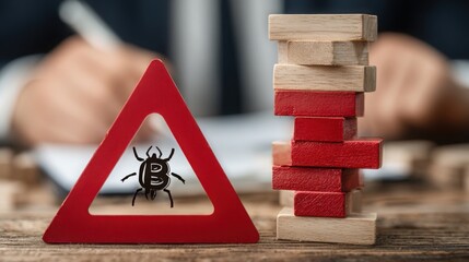 Poster - Wooden block with a bug on it highlighting the concept of risk and challenges in digital currency investments