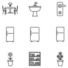 Poster - Simple minimalist black and white line art illustration of home interior elements