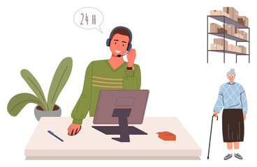 Poster - Man in headset at desk helping senior woman storage racks in background. Ideal for customer service, care assistance, logistics, aging support, e-commerce, remote work, simple flat metaphor
