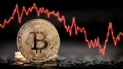 Poster - Bitcoin coin resting on surface of table symbolizing the evolving nature of digital currency in modern finance
