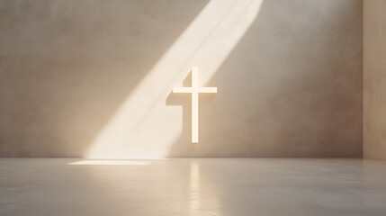 Aufkleber - Minimalist Image of a Cross and Beam of Light: A Christian symbol. A religious icon of faith and spirituality shining in a bright, peaceful interior.