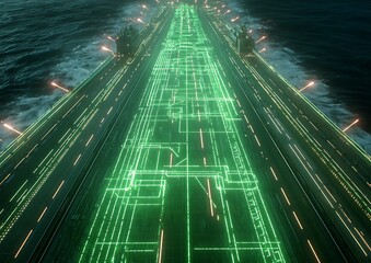 Poster - Futuristic Digital Runway with Neon Green Circuit Patterns Above Ocean Waves at Night