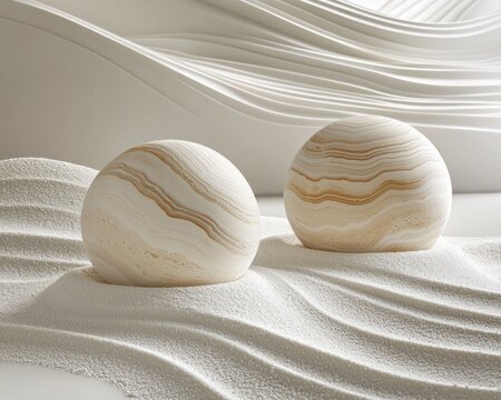 Two smooth, cream-colored, swirling spheres rest on a bed of sculpted white sand, set against a backdrop of soft, undulating white curves
