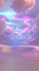 Poster - Dreamy pastel landscape with clouds and iridescent waves in a surreal, abstract background