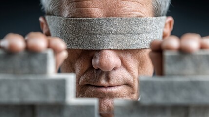 Aufkleber - Man with a bandage covering his eyes epitomizing the concept of blindfolded strategic planning and agnostic outcomes