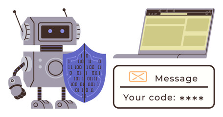 Poster - Robot holding a shield near a laptop displaying an authentication code message. Ideal for cybersecurity, data protection, technology, innovation, online privacy, AI concept, verification. Simple flat
