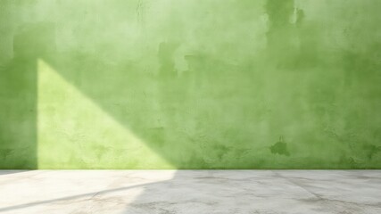 Poster - Minimalistic bright scene shows light casting across a textured green wall with a smooth, pale stone floor