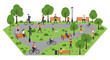 © AZIEZ - Illustrated Park Scene with People Walking, Cycling, and Relaxing