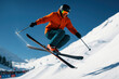 © OlenaSpark - Full-body distant shot of male freestyle skier in bright gear mid-air above snowy slope. Concept of winter sport, flight, style, youth expression, color, motion, and elite athletic competition.