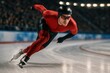 © OlenaSpark - Full-body shot of male speed skater slicing across ice with intense focus during indoor race. Concept of winter sport, velocity, technique, balance, power, and elite competition.