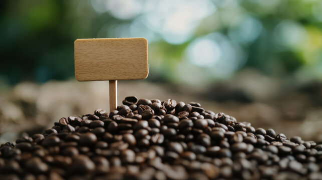 Mini wooden sign stuck on a pile of coffee beans. 3d illustration.