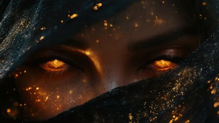 Poster - Mysterious Woman with Glowing Eyes Surrounded by Sparkling Elements in a Dark Veil 4k video footage
