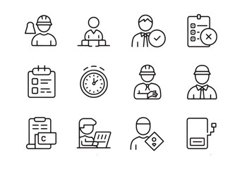 Poster - Collection of twelve black and white line art icons depicting people and business tasks vector