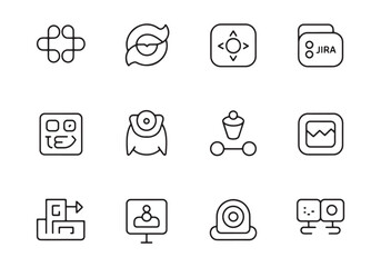 Fototapete - Collection of twelve black outline icons on white background representing technology and abstract concepts