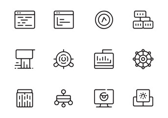 Fototapete - Set of twelve black outline icons representing technology data and organization vector