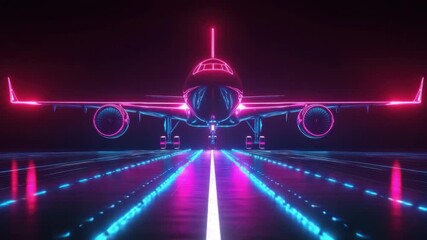Poster - Vibrant Neon Airplane in Futuristic Digital Landscape at Night with Reflective Surface and Colorful Lights 4k video footage