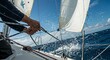 © LangkahKaki - Sailor's hands adjusting sail lines amidst ocean spray and blue sky during a dynamic sailing experience.