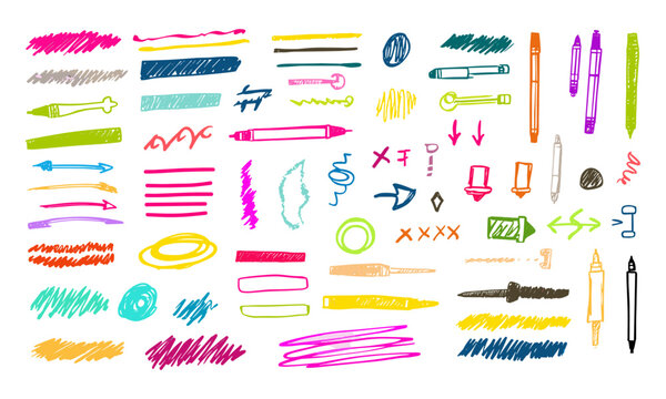 Marker highlighters hand-drawn with brush lines, round arrows, tick marks, punctuation, and underlines. Sketchy, hand-drawn notes for text, school board, whiteboard, vector