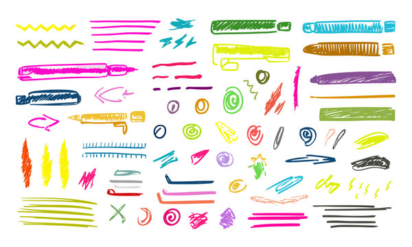 Hand-drawn brush marker highlighters, round arrows, underline lines, punctuation, and tick marks. Sketchy handwritten notes and doodles for whiteboard or school text, vector illustration