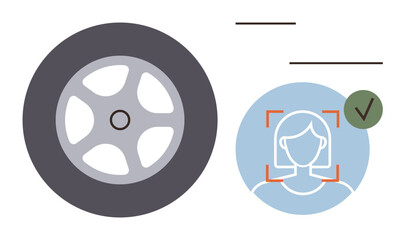 Poster - Wheel symbolizing mobility, facial recognition with a verification checkmark. Ideal for technology, security, transportation, identity, AI systems, innovation, modern design simple flat metaphor