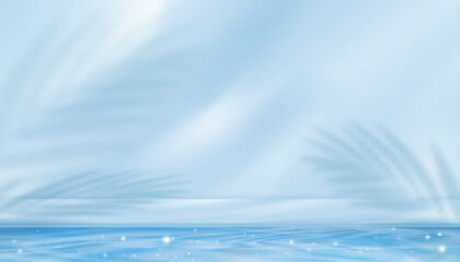 Wall Mural - water texture surface on blue wall background,backdrop summer nature light,palm leaves shadow on poo