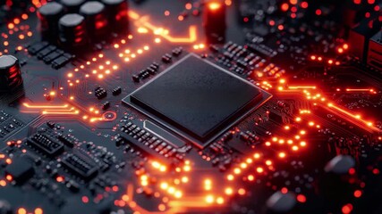 Poster - Advanced circuit board with glowing components showcases modern technology in a dark environment