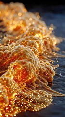 Poster - Golden liquid explosion captured mid-burst, with vivid foam, droplets, and bubbles erupting against a dark background in dynamic motion