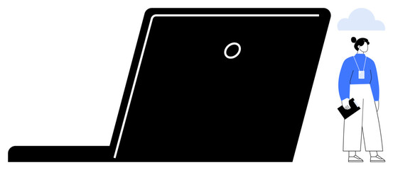 Poster - Woman holding a notebook near oversized laptop, symbolizing technology, work, and productivity. Ideal for teamwork, digital workplace, distance collaboration, learning, IT creativity simple flat