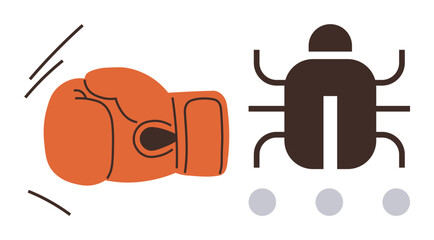 Fototapete - Boxing glove hitting a bug, representing combating technical issues, challenges, and threats. Ideal for technology, cybersecurity, competition, resilience, problem-solving innovation simple flat