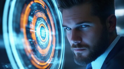 Poster - Focused businessman interacting with futuristic holographic interface in modern workspace environment 4k video footage
