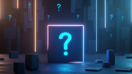 Poster - Mysterious Neon Question Mark in a Dark Digital Environment with Colorful Lights and Geometric Shapes 4k video footage