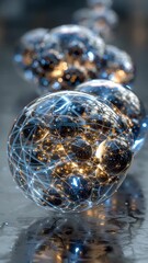 Poster - A glowing abstract sphere composed of dark orbs and golden network-like filaments, encased in a transparent shell on a reflective surface