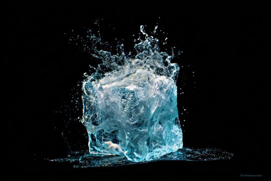 Icy cube splash on black background